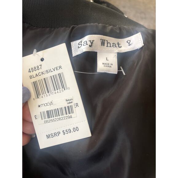 Say What? Bomber Jacket Sequin Silver Stars Embellished Full Zip L Sparkly NEW - Picture 5 of 12